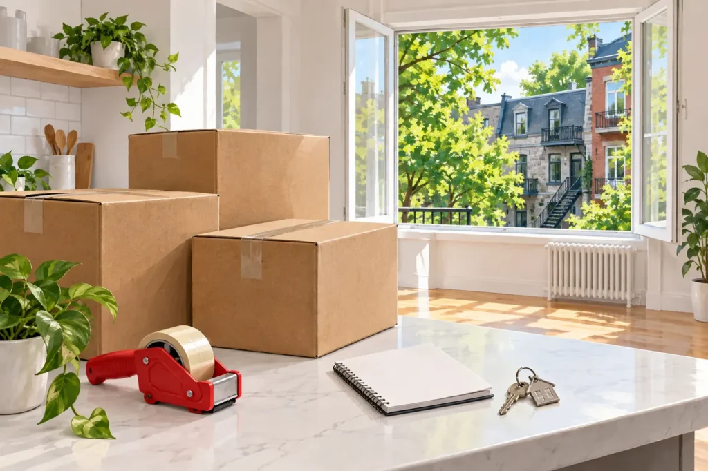 Illustration : boîtes, clés et carnet dans un appartement en été