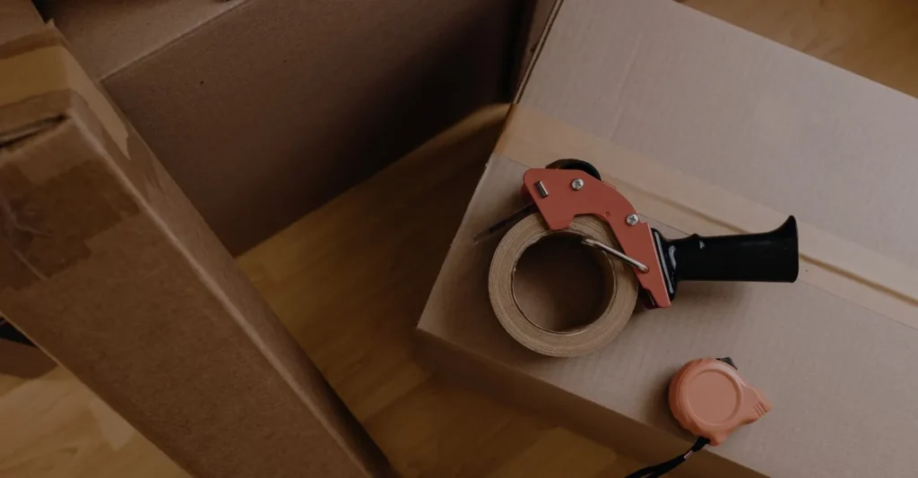 Cartons de déménagement avec ruban adhésif et ruban à mesurer